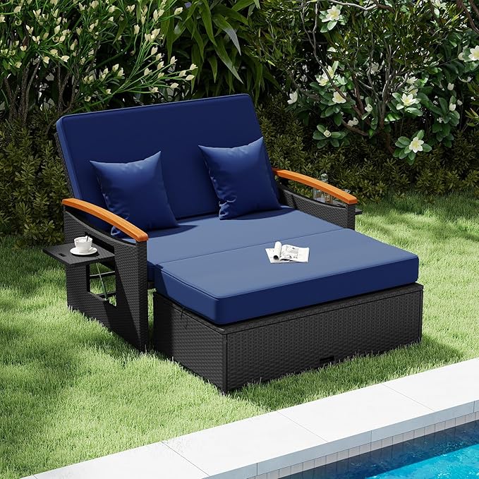 Tangkula Patio Rattan Daybed with 4-Level Adjustable Backrest, Outdoor Wicker Loveseat with Acacia Wood Armrest, Storage Ottoman & Folding Tray, Double Sunbed for Yard & Poolside (Navy & Black) TANGKULA