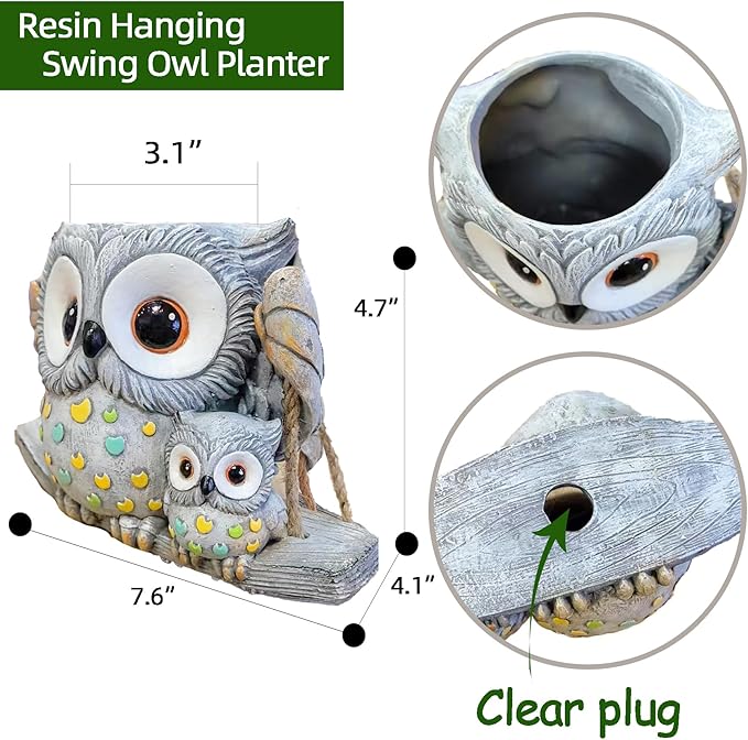 Swing Owl Hanging Planters for Indoor Plants, Cute Small Succulent Pots with Drainage Hole, Unique Resin Plant Hangers Outdoor, Hanging Plant Holder for String Of Pearls, Gift Ideas for Mother Saysmile