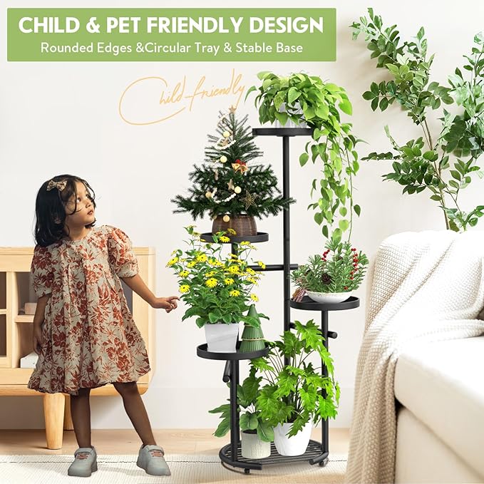 TOSKING 5 Tier Tall Plant Stand Indoor Outdoor, Heavy Duty Corner Plant Stand with Space-Saving Plant Shelf for Multiple Plants| Round Plant Table Design for Living Room Balcony Garden (Black, 38in) TOSKINGESSENCE