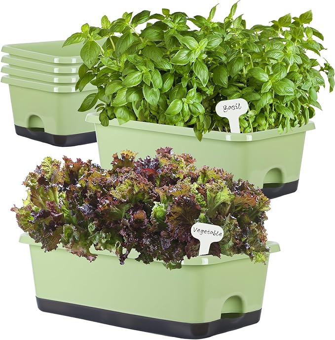 Window Box Planter 6 Pcs, 17 Inches Rectangle Flower Pots with Drainage Holes and Trays, Vegetable Planters for Windowsill Patio Garden Balcony Home Indoor Outdoor (Light Green, 18*10*6 inch) Oliz
