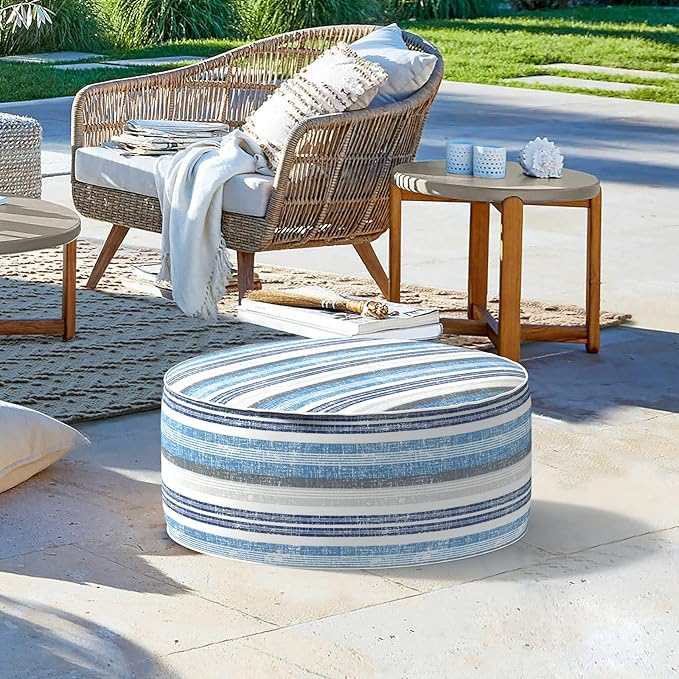 LVTXIII Inflatable Stool Ottoman Footrest with Handle, Decorative Fade-Resistant Foot Stool, Indoor or Outdoor Pouf for Home Garden and Camping Use, D21 x W 21 x H9, Stripe Layered Blue LVTXIII