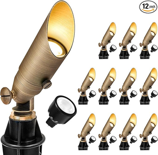 GKOLED Low Voltage Solid Brass LED Spotlight, Outdoor Waterproof Landscape Lighting with MR8 Bulb, Adjustable Uplights with Stake for House Garden Trees Lawn Patio Yard Fence, 3W 12V 180LM 2700K GKOLED