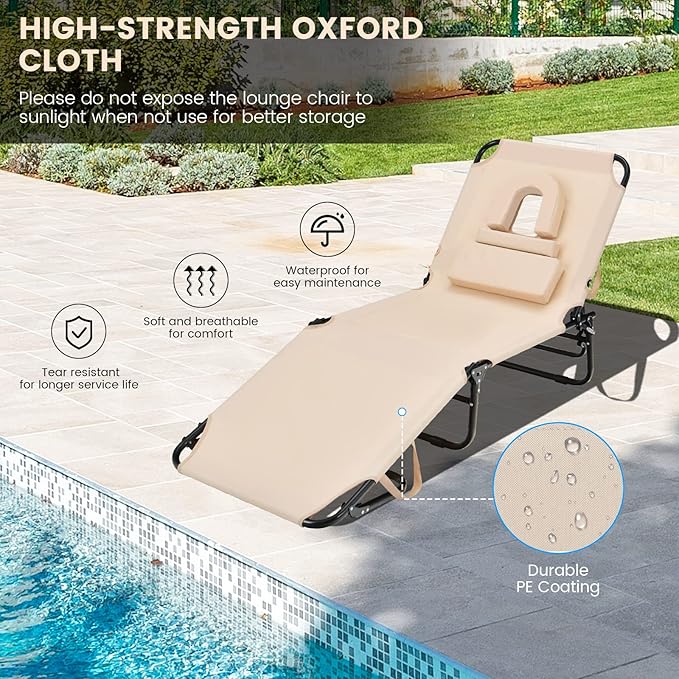 GYMAX Tanning Chair, 350lbs Beach Lounge Chair with Face Hole, Detachable Washable Pillow & Carry Strap, Adjustable Folding Chaise Lounge, Layout Chair for Outside, Patio, Poolside, Lawn (1, Beige) GYMAX
