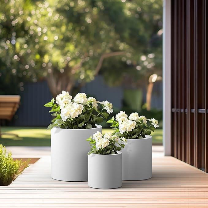 Kante RC0119ABC-C80011 Set of 3 Lightweight Concrete Modern Cylinder Outdoor Planters, 15.8, 12.9 and 9.8 Inch Diameter, Pure White Kante