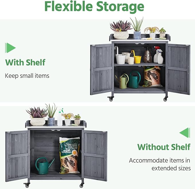 Yaheetech Garden Potting Bench Table, Outdoor Garden Horticultural Wooden Storage Cabinet & Solid Wood Planting Work Bench with Large Space Storage & Metal-Plated Tabletop, Gray Yaheetech