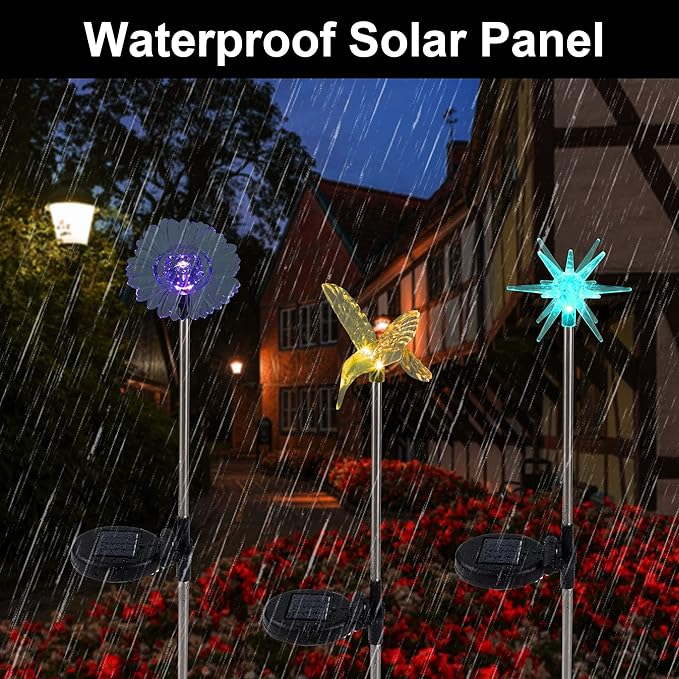 Glintoper 6 Pack Solar Garden Stake Lights Outdoor, Solar Butterfly Figurine Lights, Multi-Color Changing LED Landscape Lighting, Sparkling Star Flower Hummingbird Dragonfly Bee for Patio Yard Pathway Glintoper