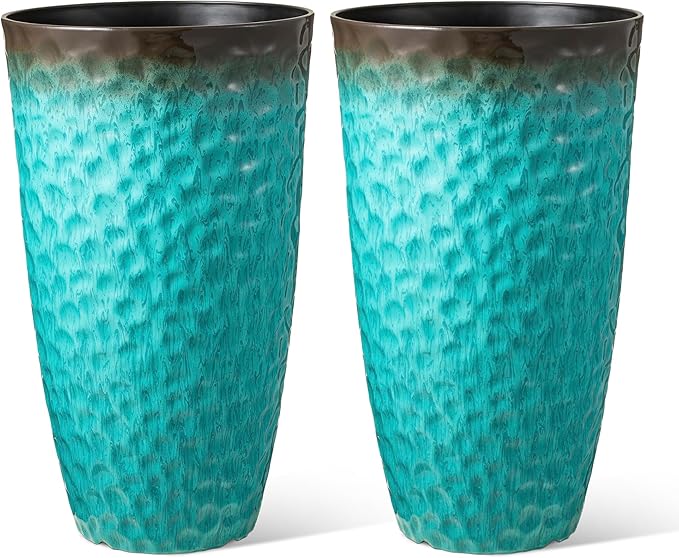 Glitzhome 23.75" H Large Planters for Outdoor Plants,Set of 2 Plastic Tall Outdoor Planters with Drainage Holes,Honeycomb Textured Gradient Turquoise Finish, Large Flower Pots for Front Porch Indoor Glitzhome