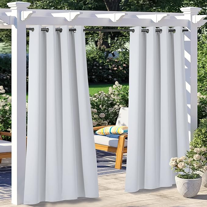 NICETOWN 2 Panels Exterior Greyish White Outdoor Curtains for Patio Waterproof, Thermal Insulated Stainless Steel Grommet Durable Outside Vertical Drapes for Yard Party/Picnic, W52 x L95 NICETOWN
