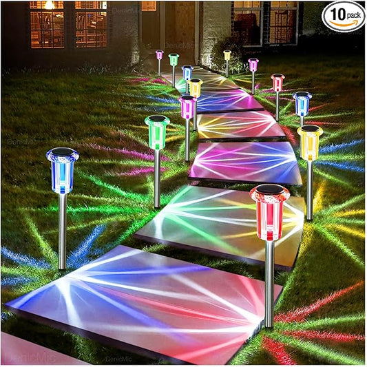 DenicMic Solar Lights Outdoor 10 Pack Waterproof Color LED Stainless Steel Stake Outside Lights for Yard Pathway Garden Driveway Walkway Landscape Path Lighting Christmas Decorations Denicmic