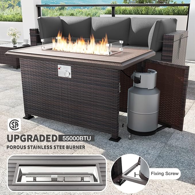 Kullavik 15PCS Outdoor Patio Furniture Set with 43" 55000BTU Gas Propane Fire Pit Table PE Wicker Rattan Sectional Sofa Patio Conversation Sets w/8 Coner Sofas,Grey KULLAVIK