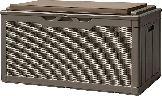 Devoko 100 Gallon Deck Box, Waterproof Resin Outdoor Storage Box with Cushion for Outside, Large Outdoor Storage Bench Cabinet Lockable for Patio Furniture and Garden Tools (Brown) DEVOKO