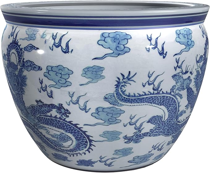 Red Lantern 14" Dragon Blue & White Porcelain Fishbowl Planter or Cachepot for Indoor/Outdoor Use in Garden Entryway Living Room Boho Eclectic Modern Contemporary Classic Traditional Style Decor RedLantern