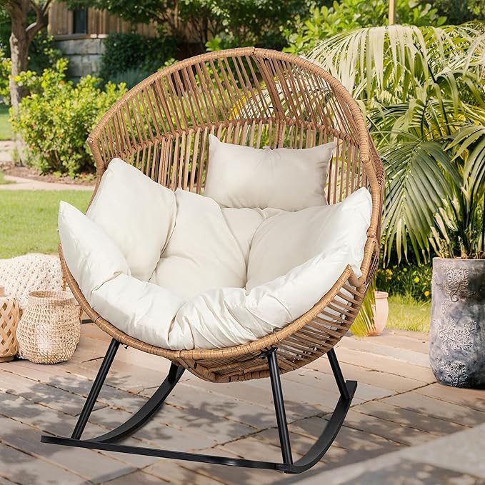 Vongrasig Wicker Egg Chair PE Rattan Rocking Chair with Cushion, Oversized Patio Lounge Rocker Chair for Outdoor, Indoor, Balcony, Backyard, Garden, Beige Vongrasig