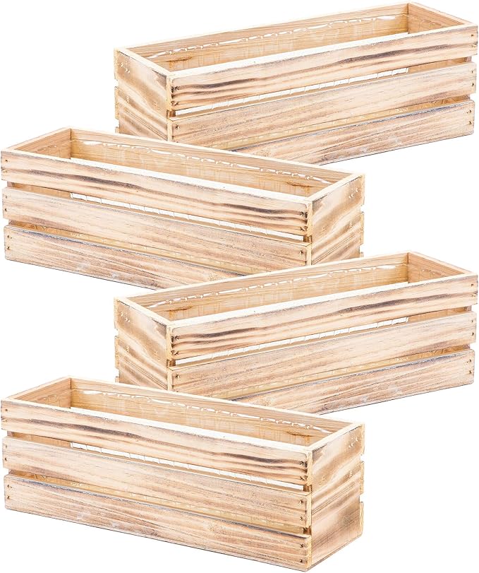 Wood Planter Box with Wine Crate Styled, 12x4 Inch Rectangular, Whitewash, Plastic Liner, Garden Centerpiece Display, Wedding Flowers Holder, Home and Venue Decor (12x4 Wine Crate Set of 4, Whitewash) Rootora