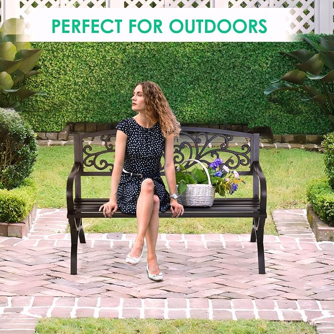 FDW Outdoor 50 Inches Garden Bench, Slatted Seat Armrests Floral Design Backres and Arch Legs, Perfect for Park, Yard, Porch, Lawn, Balcony, Backyard, Black FDW