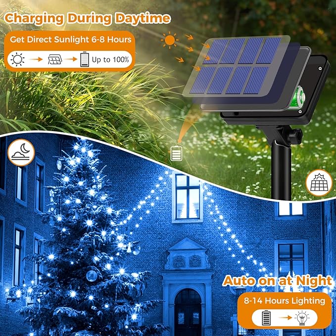 2 Pack Solar String Lights for Outside - 160LED 66FT Solar Fairy Lights Outdoor Waterproof 8 Modes, Copper Wire Solar Powered Twinkle Lights for Tree Garden Christmas Wedding Party Decor, Blue btfarmdecorativelighting