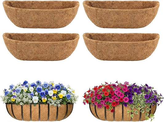 4 Pcs 30 Inch Trough Coco Liner for Window Box, 100% Natural Half Moon Coconut Coir Planter, Replaceable Coconut Fiber Liner for Window Boxes & Fence Flower Baskets (4, 30 inch) Rootora