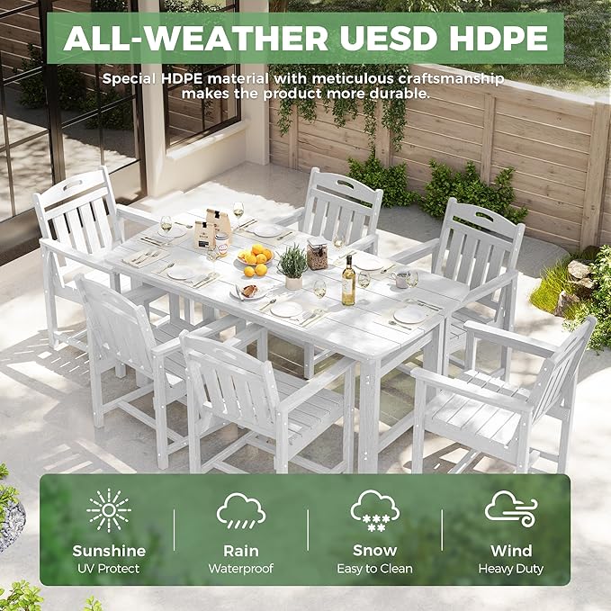 HDPE Outdoor Patio Dining Set with Table & 6 Chairs, All-Weather 7-Piece Outdoor Table and Chairs, 2" Umbrella Hole, Patio Furniture for Garden, Backyard, Deck | White Suunyn