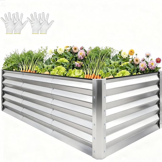 YITAHOME 8x4x3ft Large Raised Garden Bed Kit, Galvanized Metal Planter Box with Gloves, Support Rod & Safety Rubber, Outdoor Above Ground Planters for Plants Vegetables Flowers, Silver YITAHOME