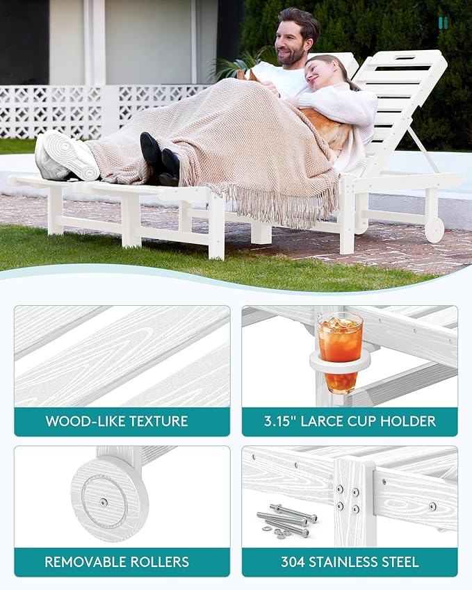SERWALL Patio Chaise Lounge Chair Set of 4, HDPE Outdoor Lounge Chair with Cup Holder, 5 Positions Adjustable Pool Lounger with Rolling Wheels for Poolside, Deck, Sunbathing, White SERWALL