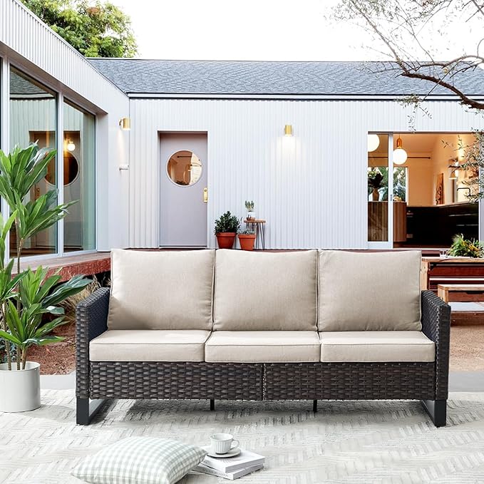Belord Outdoor Couch Patio Furniture: Wicker Patio Sofa with Deep Seat High Back, 800Lbs Weight Capacity Oversize Outdoor Seating 3 Seater Rattan Couch, Anti-Rust Frame, Brown Belord