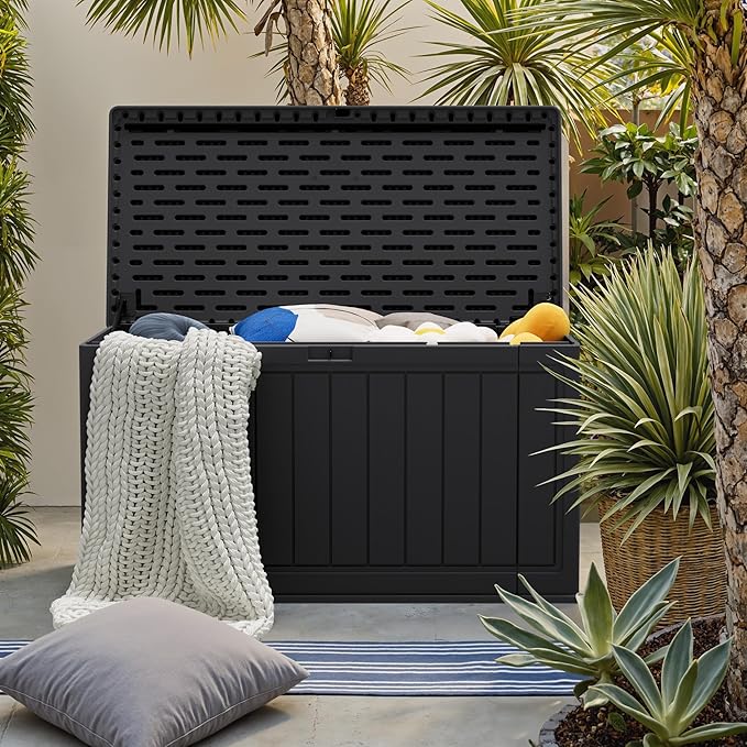 JUMMICO 160 Gallon Resin Outdoor Storage Deck Box with Divider, Waterproof Storage Box&Bench with Lockable Lid for Garden Tools, Pools Supplies (Black) JUMMICO