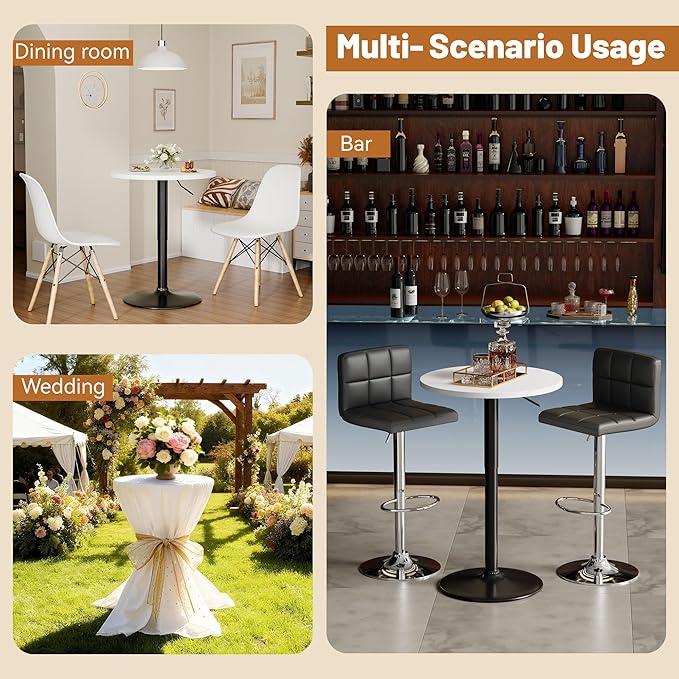 Flamaker Round Bistro Pub Table 23.6 Inch Height Adjustable 360° Swivel Bar Table Metal Base for Pub, Dining Room, Party (1, White-Black) Flamaker