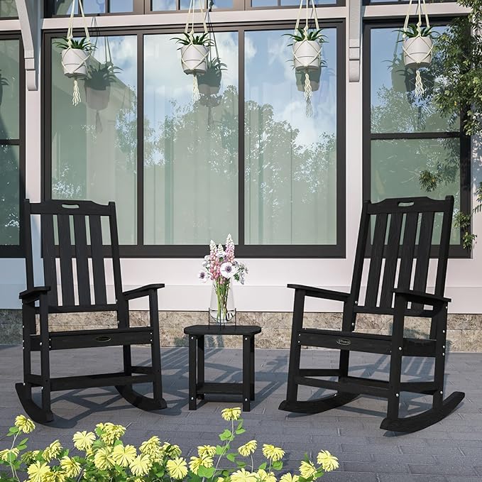 Oversized Rocking Chair Set of 8, Outdoor Rocking Chair for Adults, All Weather Resistant Porch Rocker for Lawn Garden, Black THOEOE