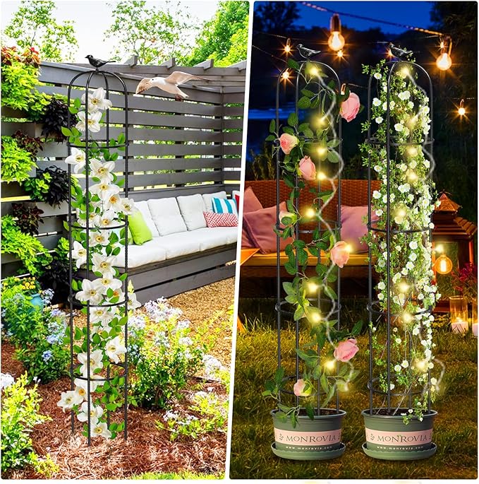 Tower Obelisk Garden Trellis for Climbing Plant，6.2FT/74.4" Rustproof Metal Potted Plant Climbing Support for Indoor Outdoor Flowers Vegetable Fruits Vines Support (2Pcs) MQUPIN