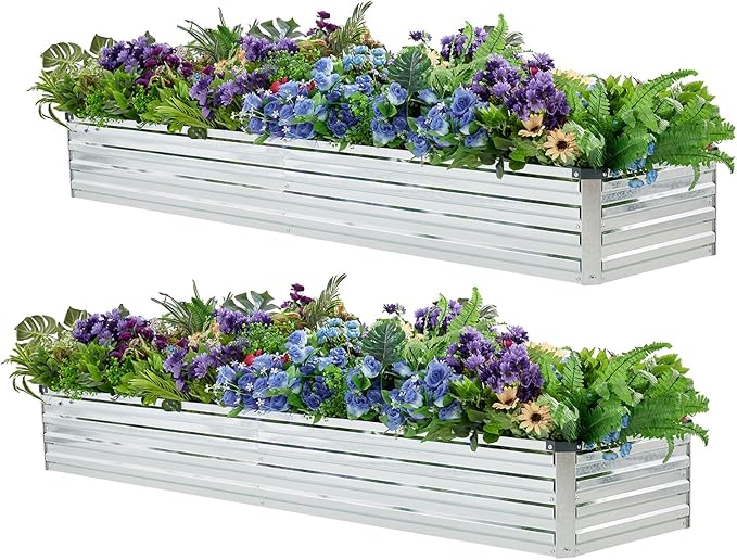 2 Pack 8x2x1FT Galvanized Raised Garden Bed Kit, Outdoor Metal Planter Box for Vegetables, Bottomless Rectangular Gardening Bed with Support Rods, Tool-Free Assembly, Silver Meberam