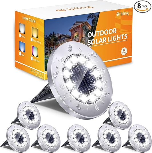 Biling Solar Ground Lights Outdoor 8 Packs, 12 LEDs Bright Flat Solar Lights Outdoor Waterproof Solar Powered for Yard Walkway Garden Driveway (White) biling