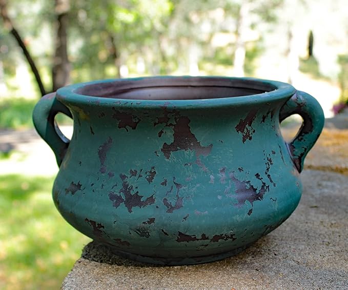 Egyptian Era Designed Earthen Ware Terra-Cotta Vessel/Planter with Looped Handles (Green) Goodman+and+Wife