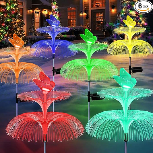 6 Pack Solar Garden Lights, Gardening Birthday Gifts for Mom Grandma Women, Waterproof 7 Color Changing Jellyfish Light with Butterfly Solar Flower Lights for Outdoor Pool Yard Garden Decor MRHEPHAESTUS