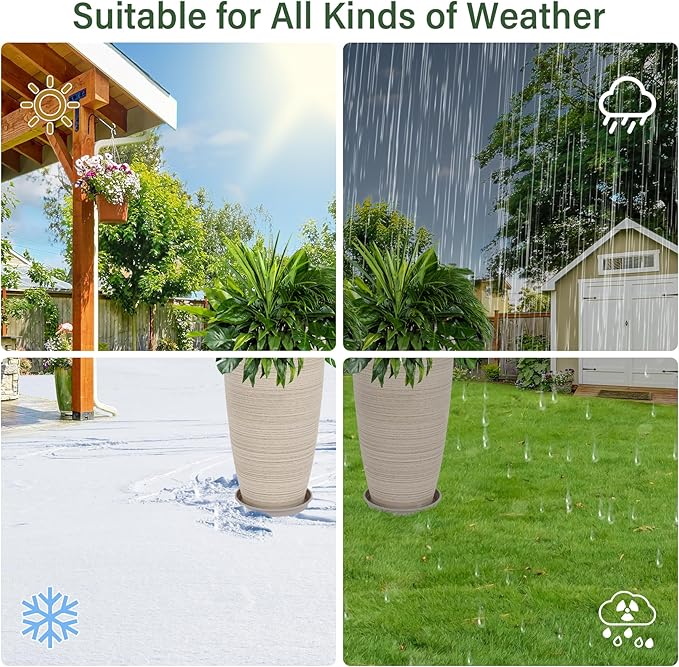 Set of 2 Tall Planter, 21 inch Large Plastic Planter with Drain Hole & Saucers, Large Outdoor Planters for Porch, Garden, Patio, Balcony(Oat Color) Neoaider
