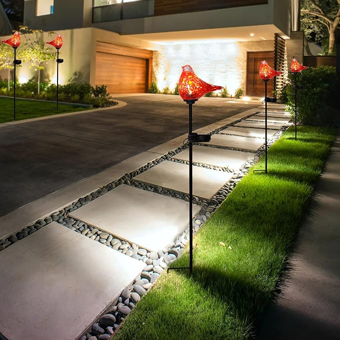 Bshine Solar Garden Decoration Outdoor Cardinal Lights, Hand Blown Glass Waterproof Solar Light Stake Red Cardinal Decorate Paths, Pathways, Lawns and Yards Art for Mom Gift, 2 Pack Bshine