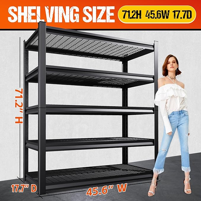71" H Garage Shelving Heavy Duty Storage Shelves, Adjustable Metal Shelving Unit, Utility Garage Organizer Shelf for Basement, Pantry, Kitchen, Warehouse, Supermarket, 45.6" Wx17.7 Dx71.2 H Rootora