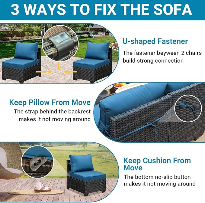 Jing's Villa 5-Piece Patio Furniture Set, All-Weather Outdoor Wicker Sectional Sofa with Cushions, Tempered Glass Table & Ottoman, Rattan Conversation Seating for Porch, Garden, Backyard,Peacock Blue JingsVillaOutdoorFurniture