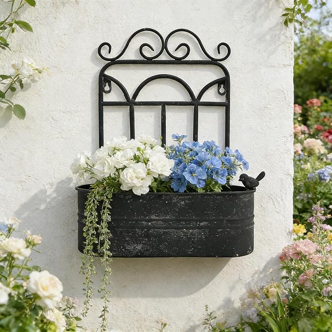 Rustic Metal Wall Planter Vintage Wall Mounted Flower Pot Distressed Wall Hanging Plant Basket Farmhouse Wall Decor for Indoor Outdoor Garden Home Yard (Black) Rootora