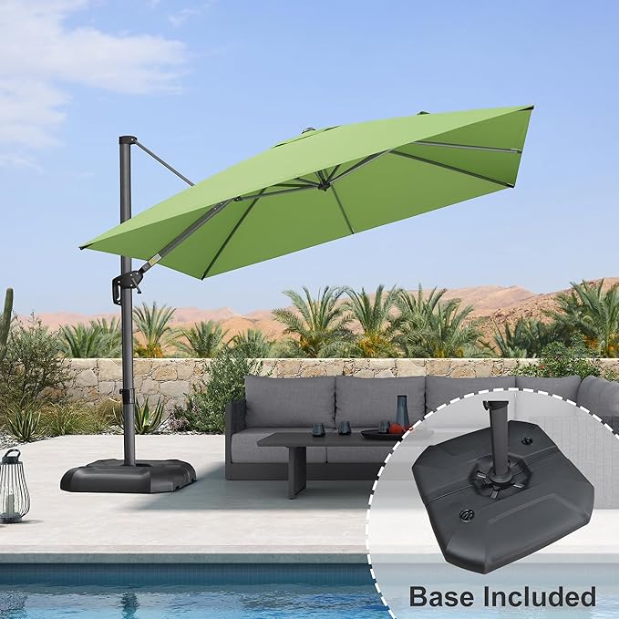 PURPLE LEAF 10 Feet Square Cantilever Umbrella Patio Umbrella with Base Outdoor Umbrella Aluminum Offset with 360-degree Rotation for Garden Deck Pool Patio Apple Green PURPLELEAF
