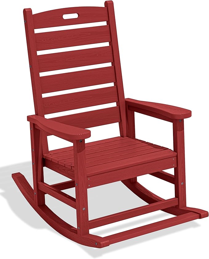 SERWALL Outdoor Rocking Chair, Oversized Rocking Chair with Footrest for Adults, HDPE All Weather Resistant Rocking Chairs for Patio, 350lbs Weight Capacity, Red SERWALL