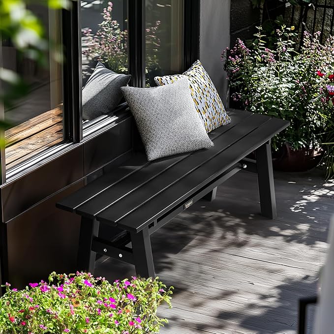 VINGLI 47” Outdoor HDPE Bench, Weatherproof Garden Bench w/Metal Legs, Poly Lumber Porch Benches, 660 LBS Capacity Outdoor Backless Patio Benches for Entryway Deck (Black) VINGLI