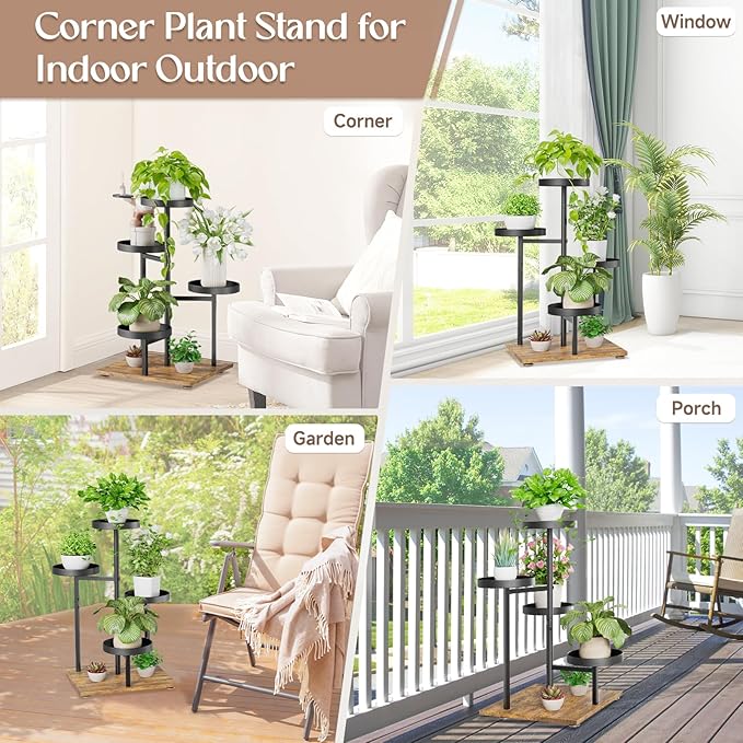 iDavosic.ly 4 Tier Plant Stand Indoor, Tiered Corner Flower Holder Shelf Outdoor, Metal Tall Orchid Display Rack for Patio Porch Garden Balcony Office Living Room, Modern Black & Rustic Brown iDavosicly