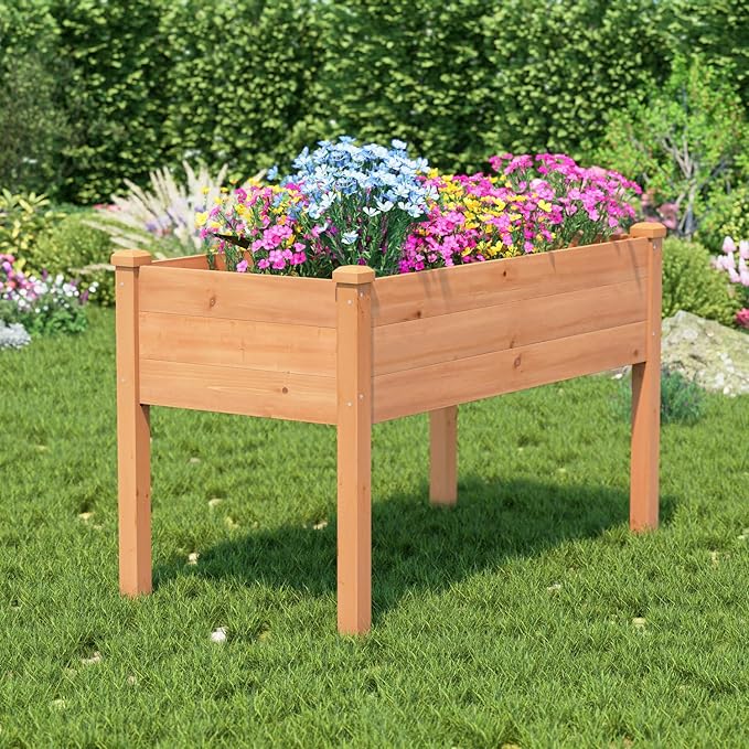 BIRASIL Outdoor Raised Garden Bed, Wood Planter Box for Vegetable Flower, Elevated Reinforced Large Garden Planters Boxes for Backyard Patio Gardening Balcony (48”L, Brown) BIRASIL
