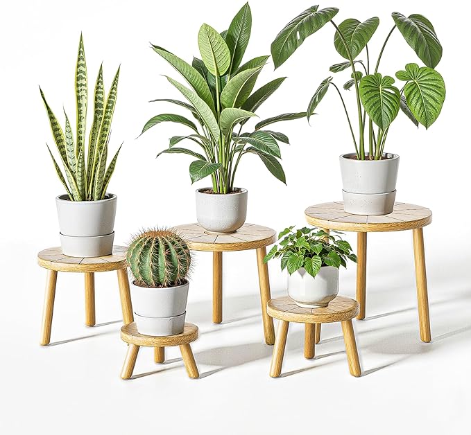 Delma Wood Plant Stands Indoor, 5-Pack Single Plant Stand for 6-12 Inch Pots, Mid-Century Modern Plant Stool, Tall Plant Stand for Large Plants for Living Room, Balcony, Office (Light Brown, 5-Pack) Delma
