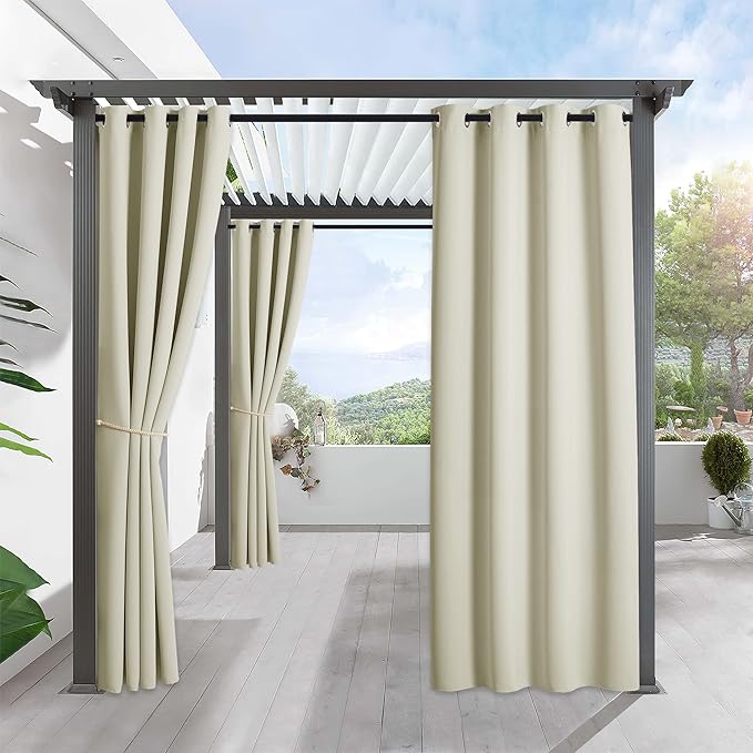 RYB HOME Outdoor Curtains for Patio Waterproof Block Sunlight Thermal Insulated Privacy Assured Thick Outside Curtains for Pergola, Deck, Gazebo, W52" x L108", Beige, 1 Panel RYBHOME
