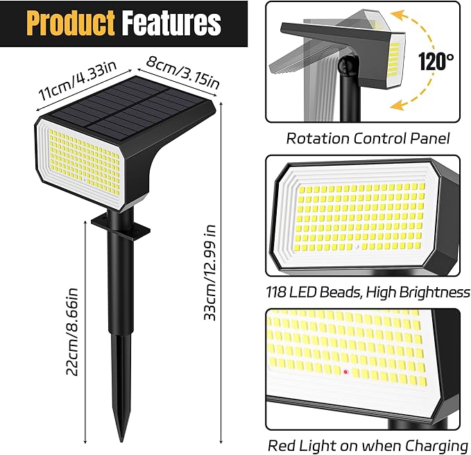 Solar Spot Lights Outdoor, [10 pack/118 LED] 4 Modes Auto On/Off Solar Landscape Spotlights, Ip67 Waterproof Solor Powered Pathway Lights for Outside Yard Garden Walkway Tree Patio (Cool White) Flaow