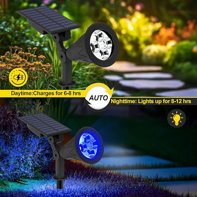 T-SUN Blue Solar Spotlights, Solar Lights Outdoor Waterproof, Auto ON/Off Adjustable Solar Garden Pond Lights for Tree, Patio, Yard, Garden, Driveway, Stairs, Pool Area (Blue- 2 Pack) T-SUN