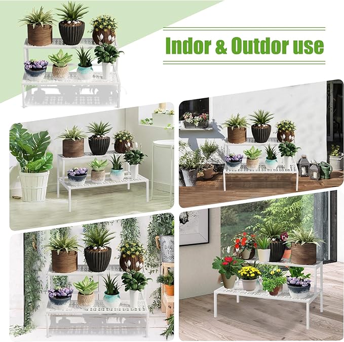 Metal Plant Stand Metal 2 Tier Potted Multiple Flower Pot Holder Plant Shelf Indoor Plants Multiple,Outdoor Heavy Duty Planter Display Shelving Unit for Patio Garden Corner Balcony Living Room(White) Garden4you