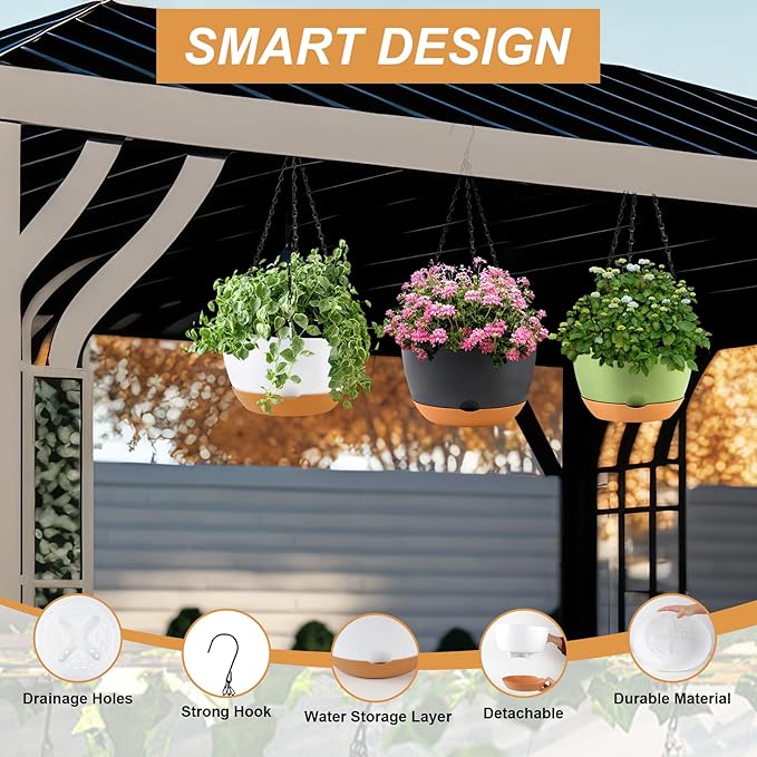 4 Pack Plastic Hanging planters for Indoor Plants,8 Inch Plant Pot Indoor Outdoor Hanging Baskets,Hanging Flower Pots with Drainage Holes and Chain for Garden Porch Plants(White) KPUVX