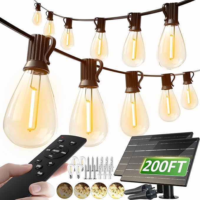 luckystyle 200FT Solar String Lights Outdoor Waterproof 2200K with Remote & USB Charging, 72+4 LED Shatterproof Bulbs, Dimmable & Timable, 3 Light Modes, Long Last for Garden,Patio, Backyard, Camping luckystyle